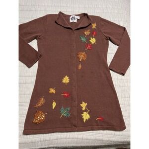 Storybook Knits Brown Long Duster Cardigan Fall Leaves Embroidery Beaded Size M